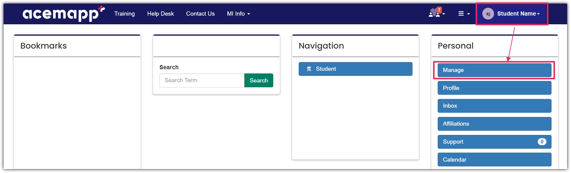 Name in top right dropping down to manage button