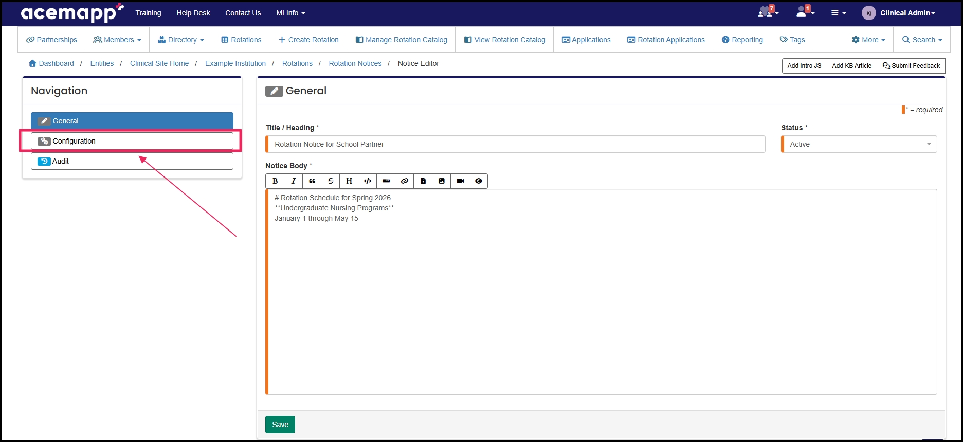 Pointing to Configuration area within the navigation bar on left side