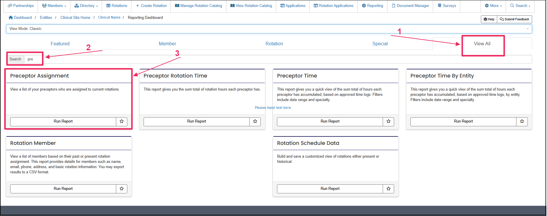 Reporting dashboard page pointing to Preceptor Assignment Report tile