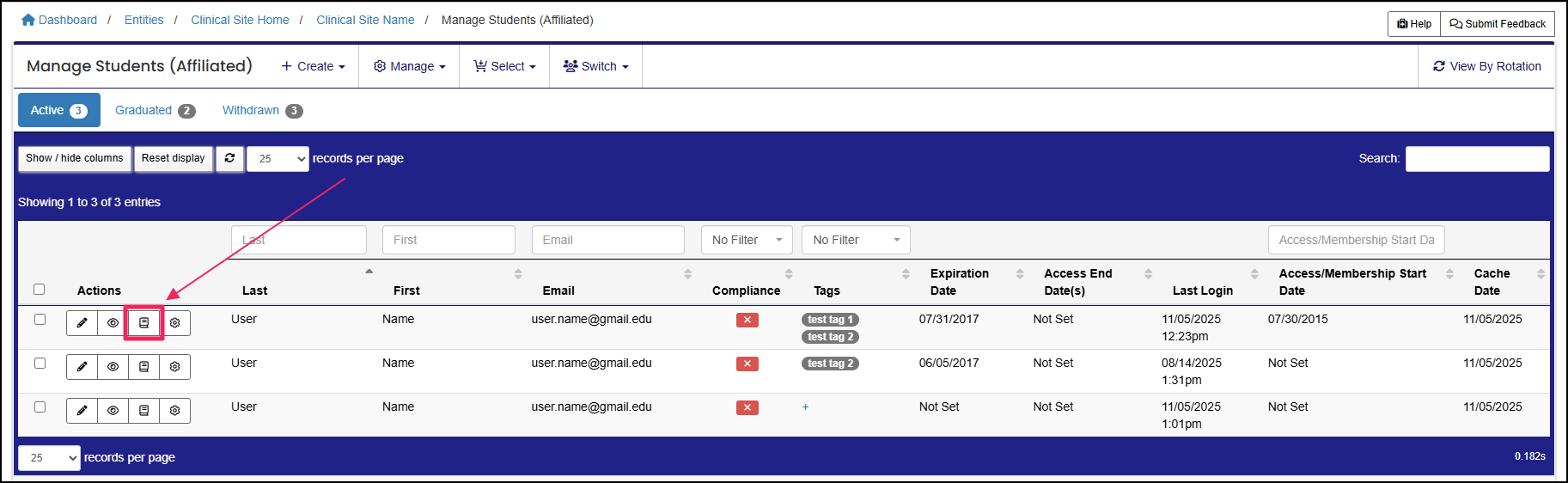 Manage members affiliated table highlighting requirements button