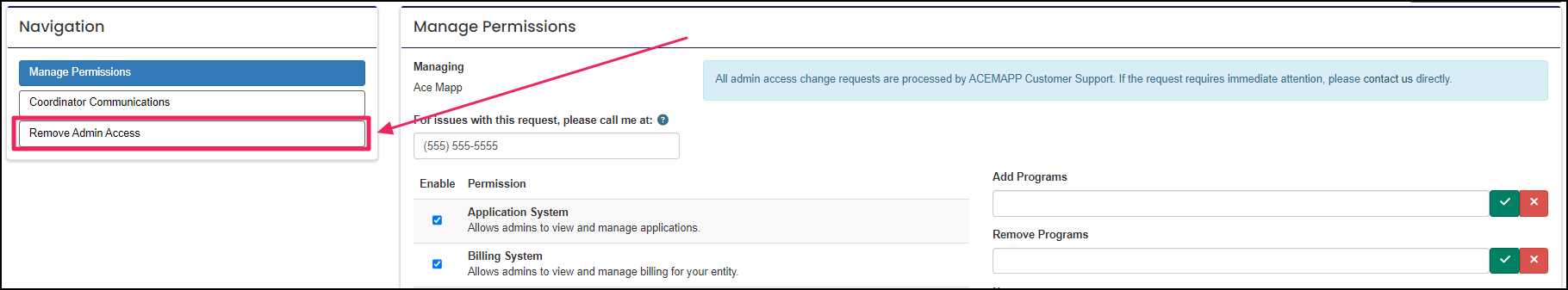 Imagte shows manage permissions page and remove admin access button.