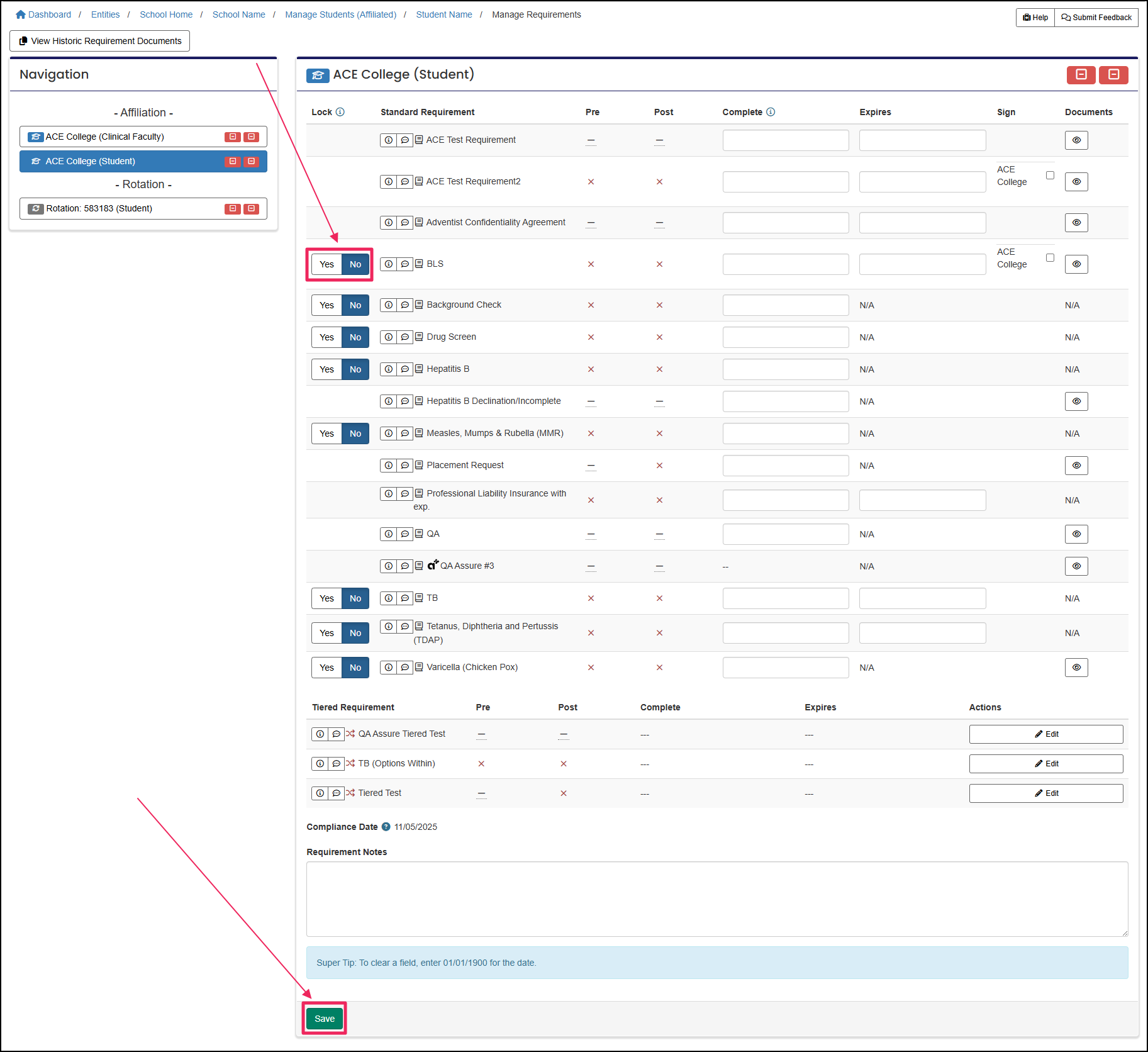 Manage requirements table highlighting the vendor lock toggle and save button