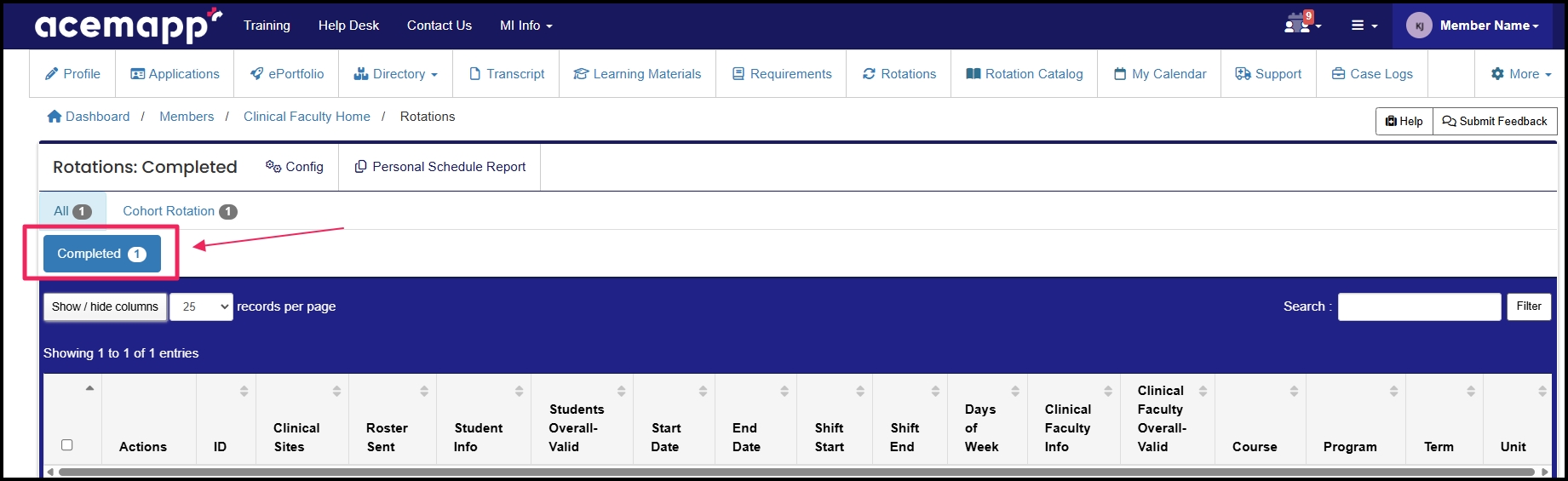 Rotation table directing user to select the 'completed' rotations tab