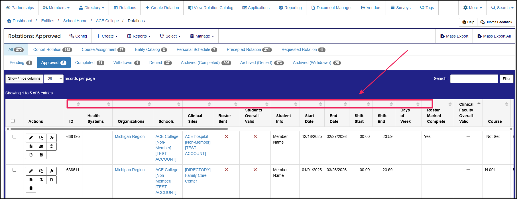 Rotations table highlighting the sort up and down arrows at the top of the columns