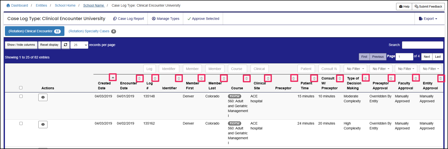 Case Log table highlighting column sort buttons