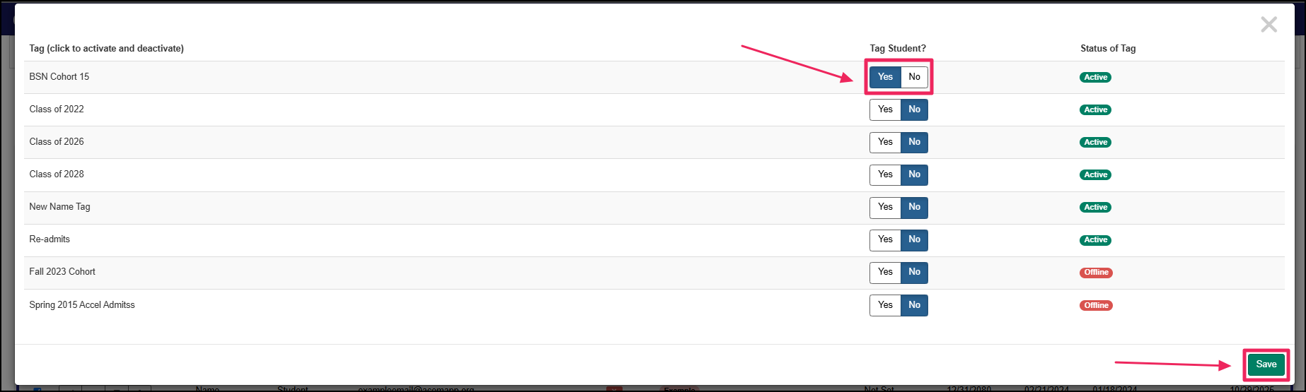 Tag confirmation pop-up and save button.