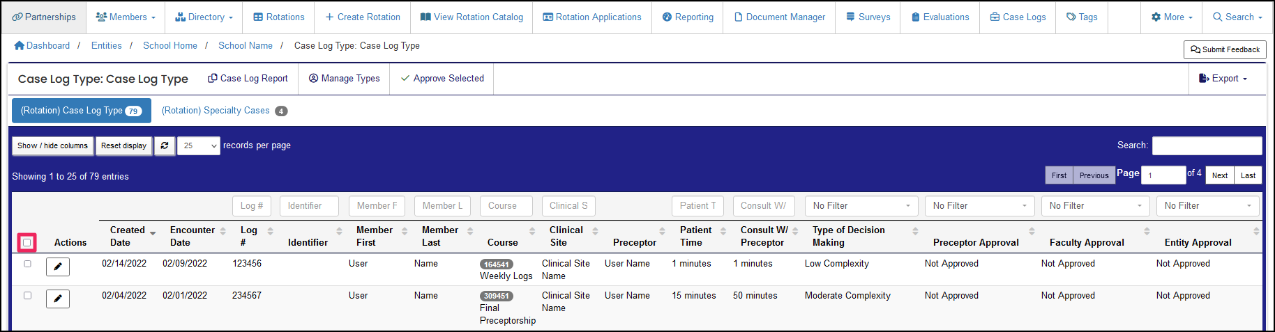 Case Log table highlighting Select All checkbox.