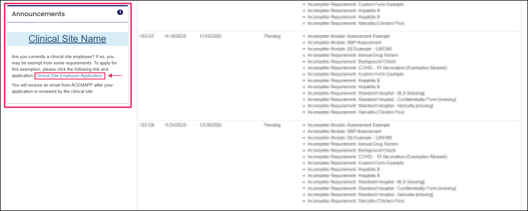 Member homepage highlighting announcements section