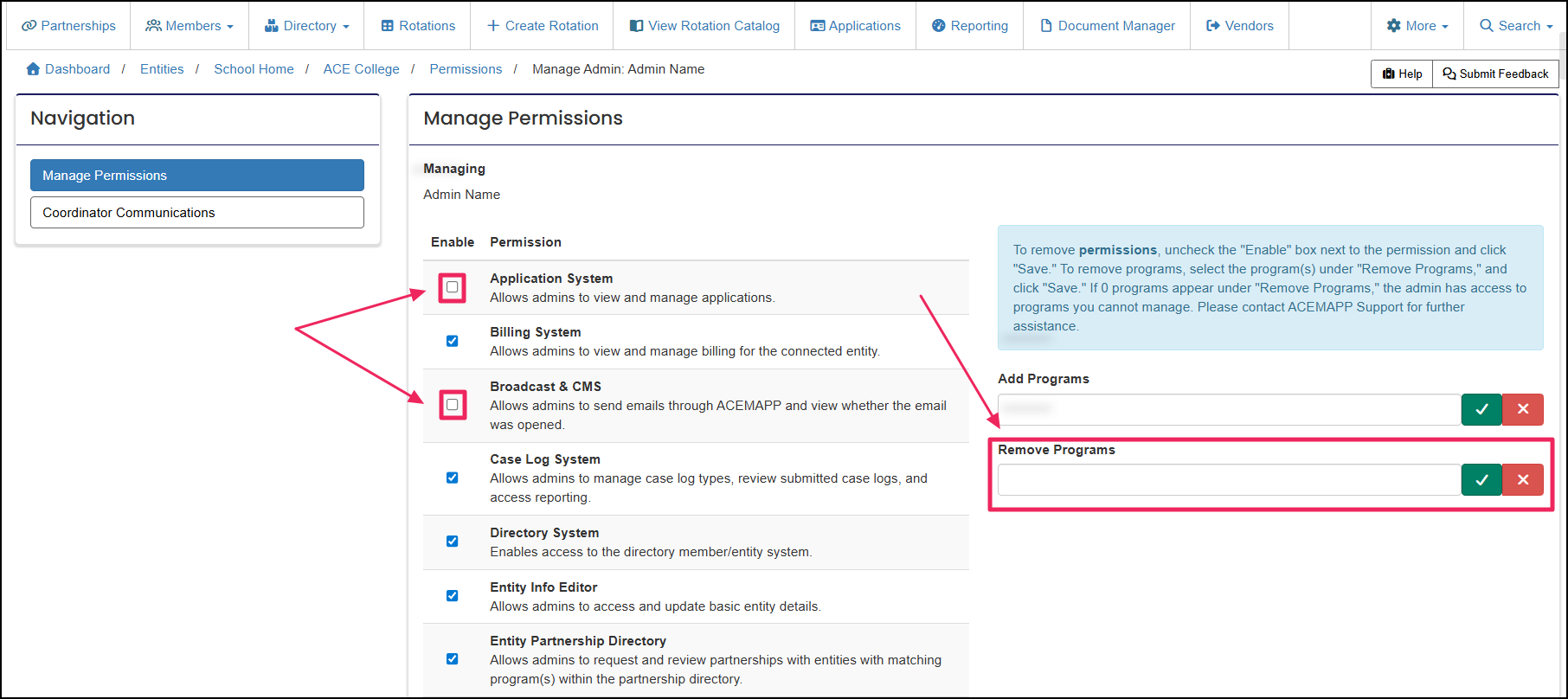 Manage permissions page highlighting the enable checkboxes and the remove programs field.