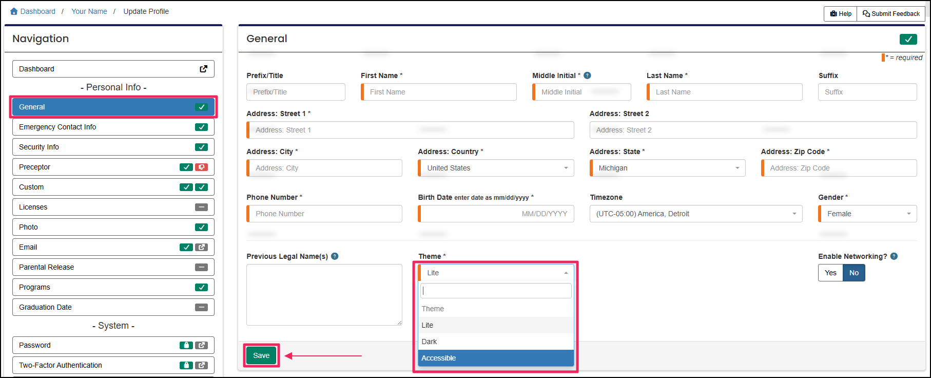 General area of profile, highlighting Theme options and save button