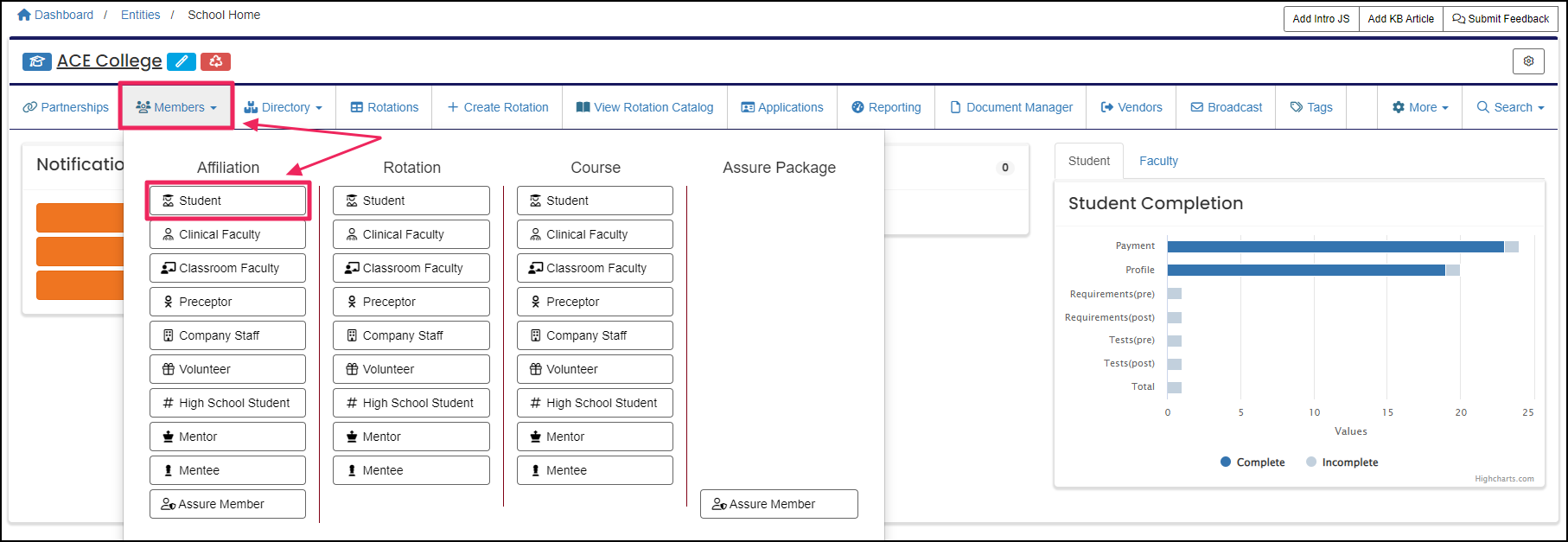 Members dropdown highlighting student button under affiliation.