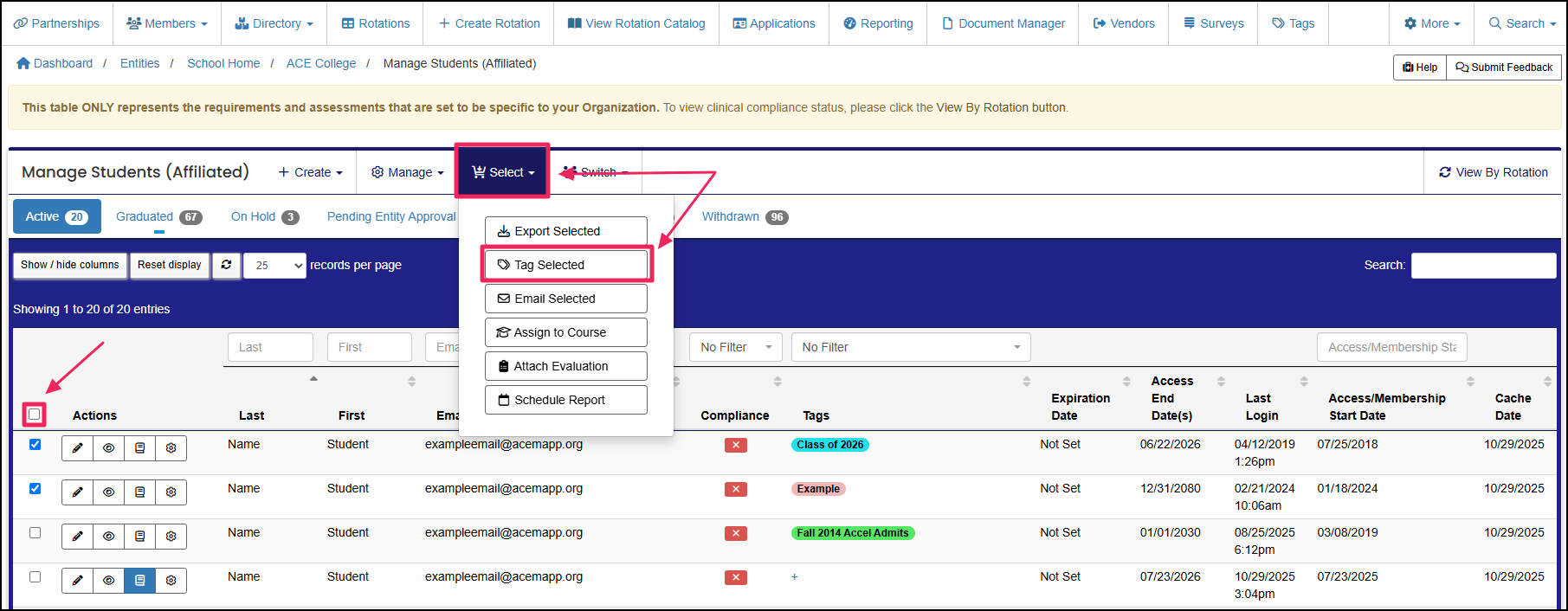 Manage students (affiliated) table highlighting the select dropdown and tag selected option.