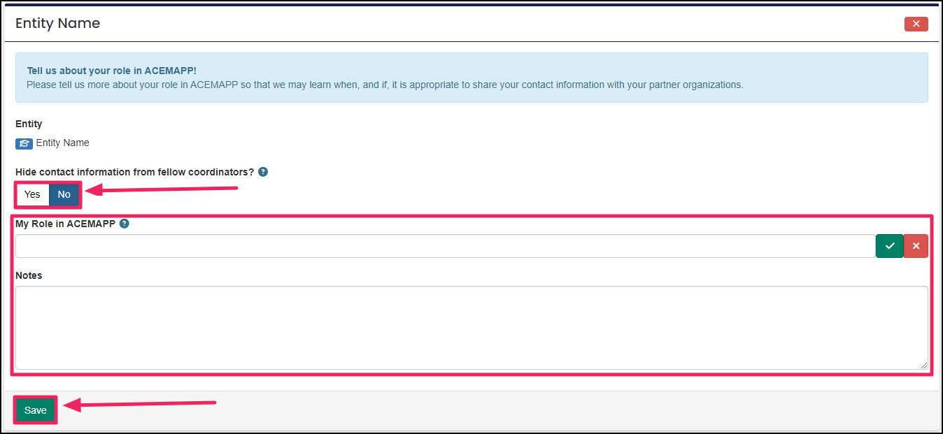 Coordinator form highlighting Yes/No to hide contact and My Role select and note fields.