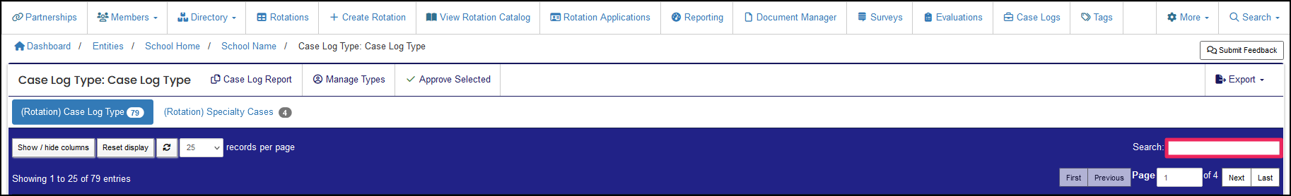 Case Log table highlighting Search field.