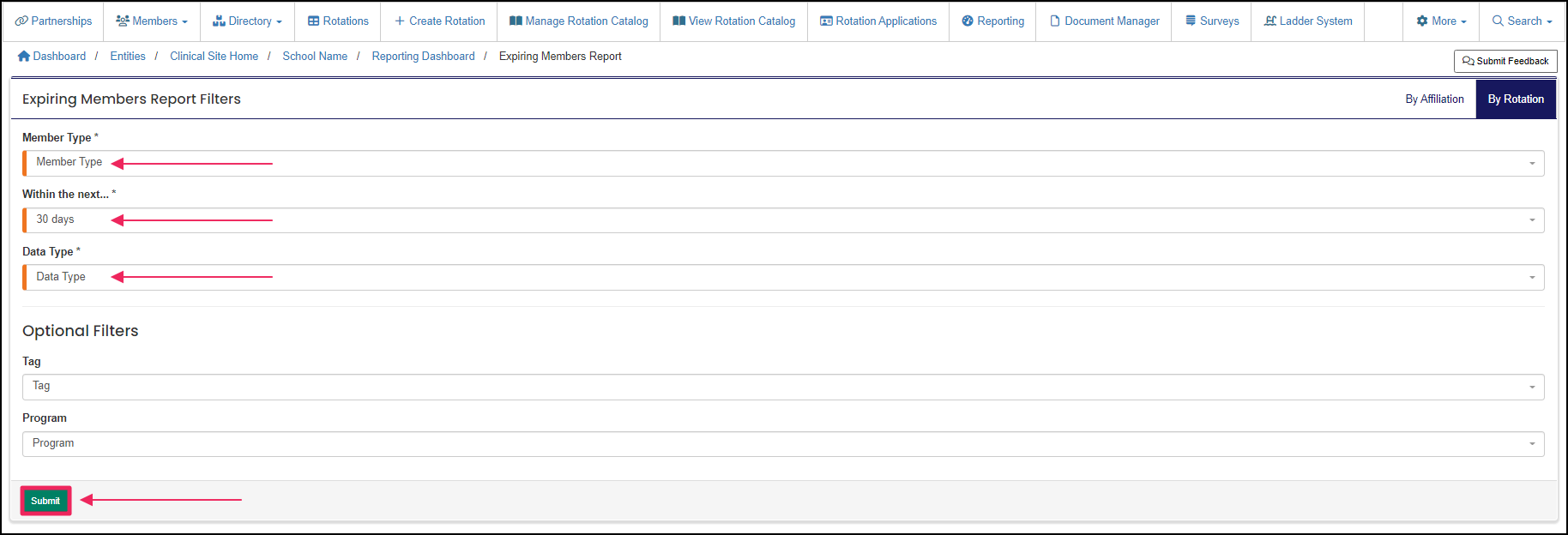 Expiring Members Report filter form highlighting Member Type, Within the next... (days range), and Data Type selectors and Submit button.