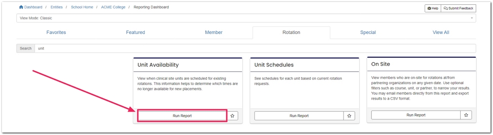 Reporting dashboarding pointing to Run Report button on Unit Availability tile.