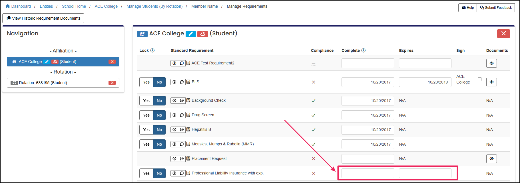Member requirements page highlighting the completion and expiration date fields.