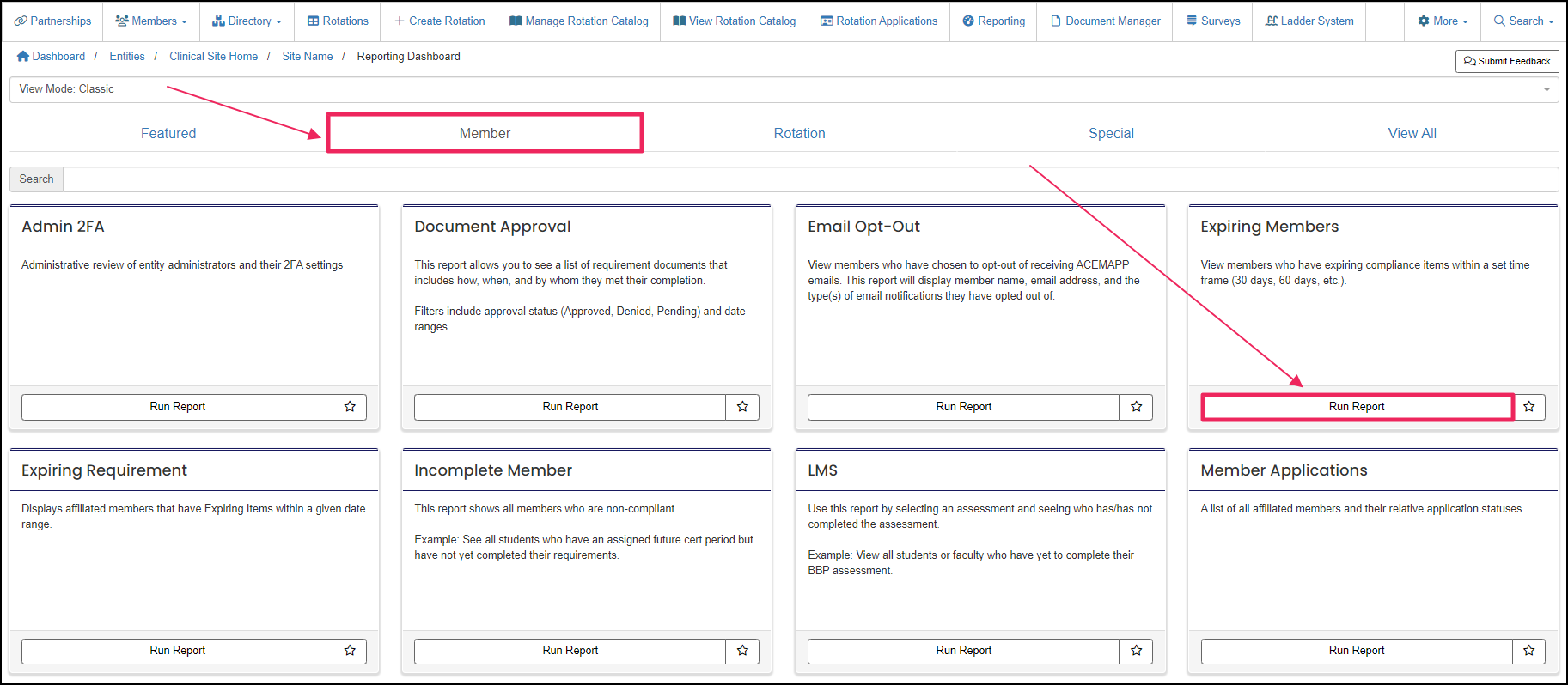 Reporting Dashboard highlighting Member filter tab and Run Report button on Expiring Members report tile.