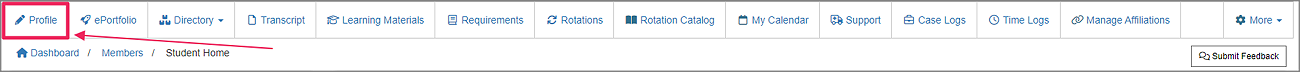 Member home page pointing to profile tab on features bar from the main home screen.