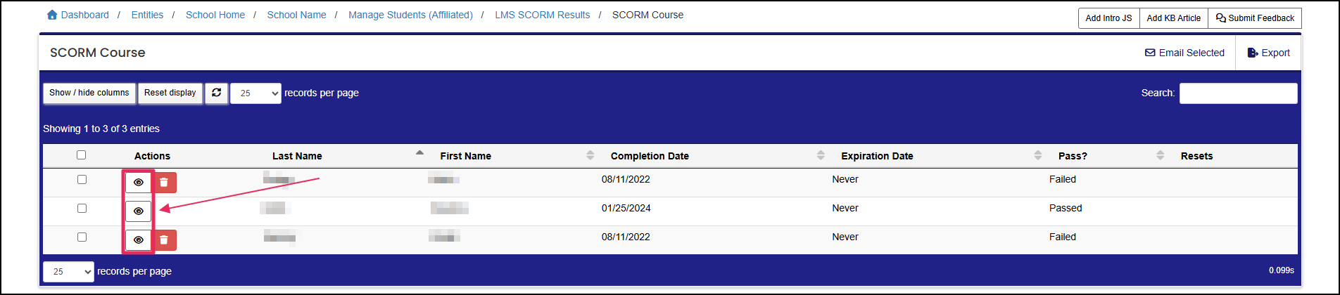 Results table with View buttons highlighted