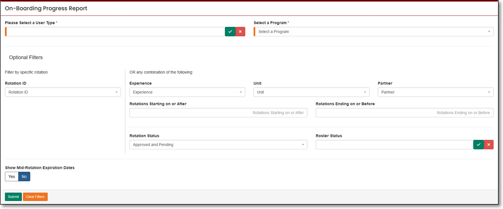 On-Boarding Progress Report filter options panel example.