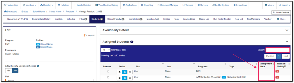 Edit rotation screen Student tab selected highlighting the Assignment Data column.