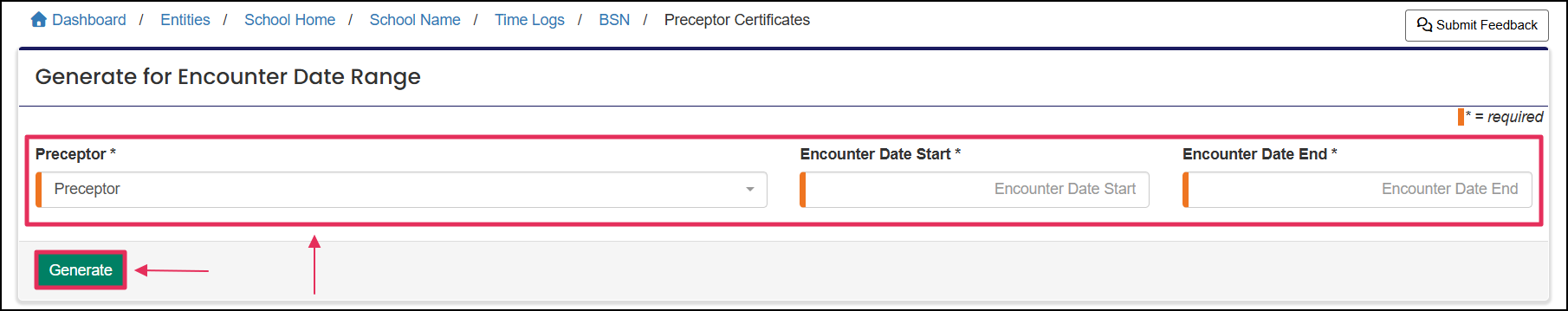 Member completing the generate timeframe page.