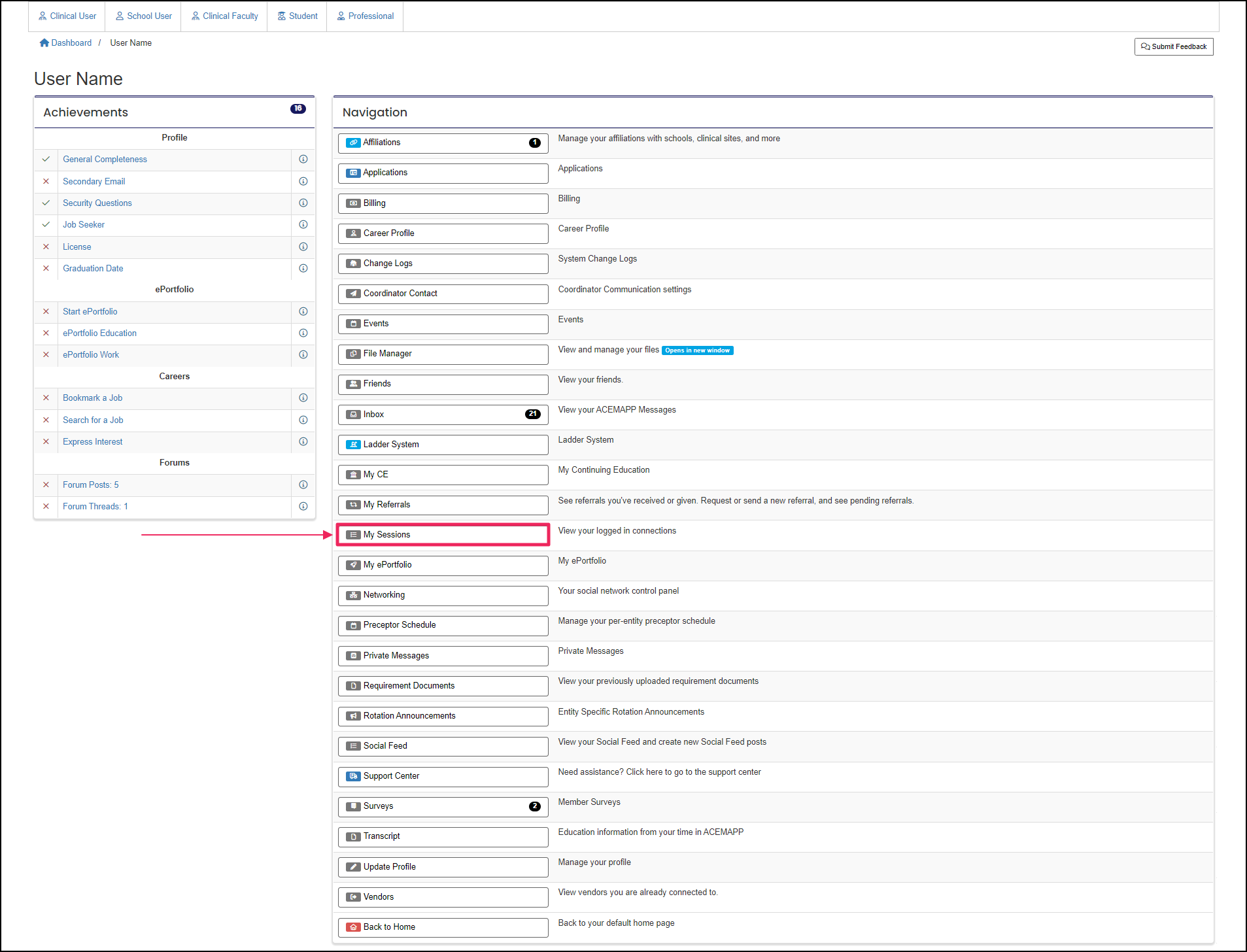 Main navigation panel highlighting My Sessions button.