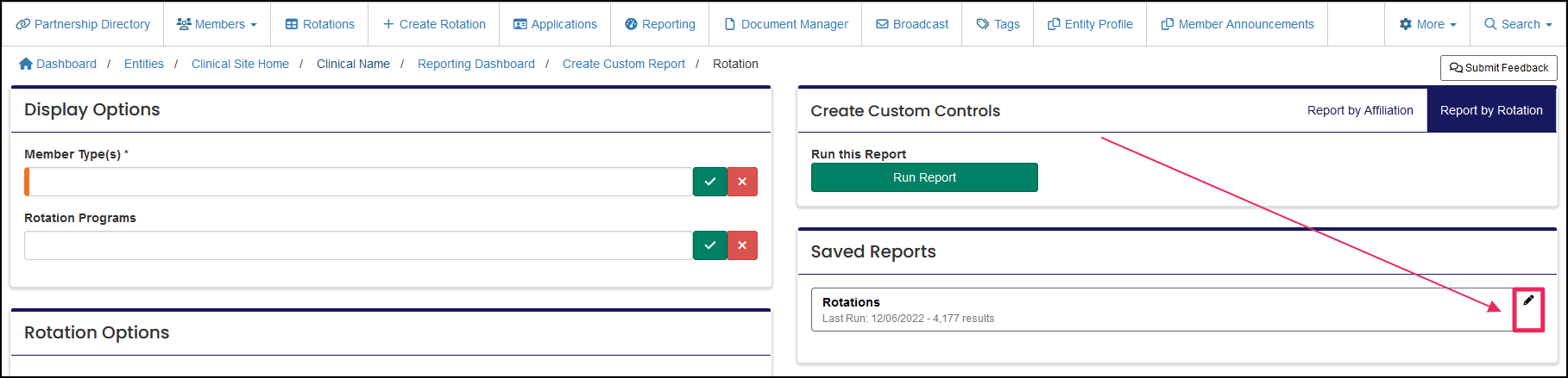 Edit button on saved reports table.