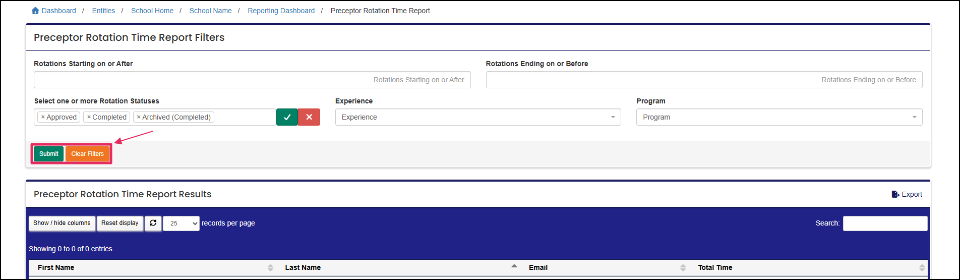 Preceptor Rotation Time report highlighting submit and clear filters button.