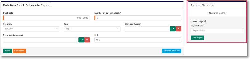 Rotation Block Schedule Report options highlighting Report Storage panel.