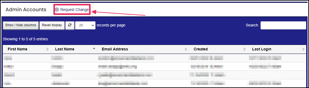 Admin Accounts table highlighting Request Change button.