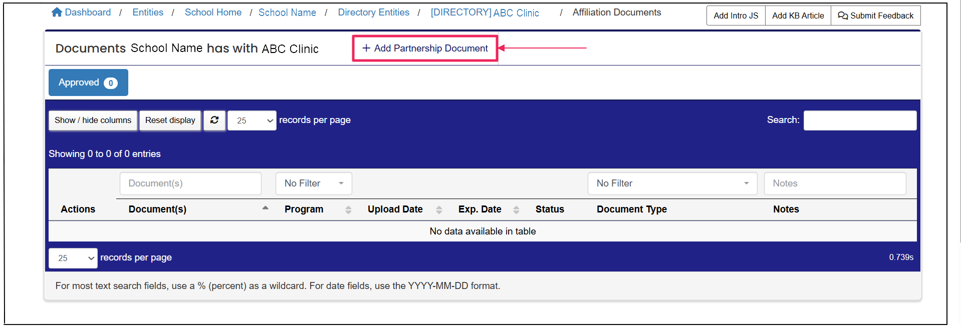 Partnership document table highlighting Add Partnership Document button
