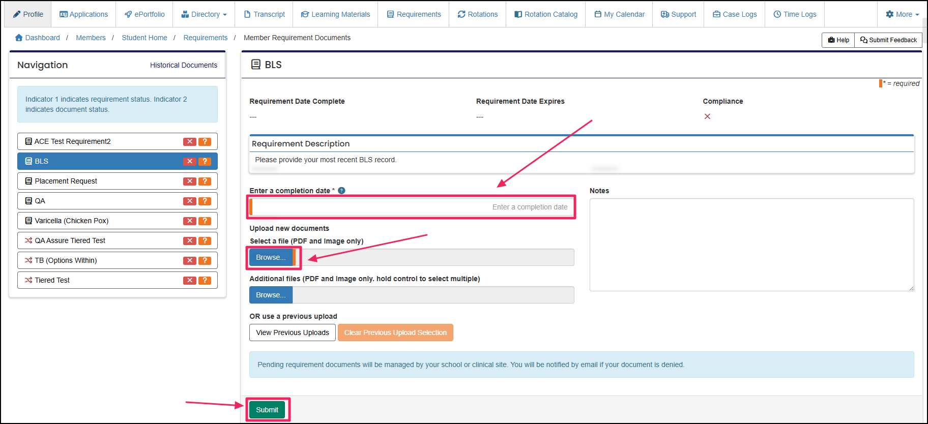 member requirement upload form highlighting Completion Date, Select button, and Submit button