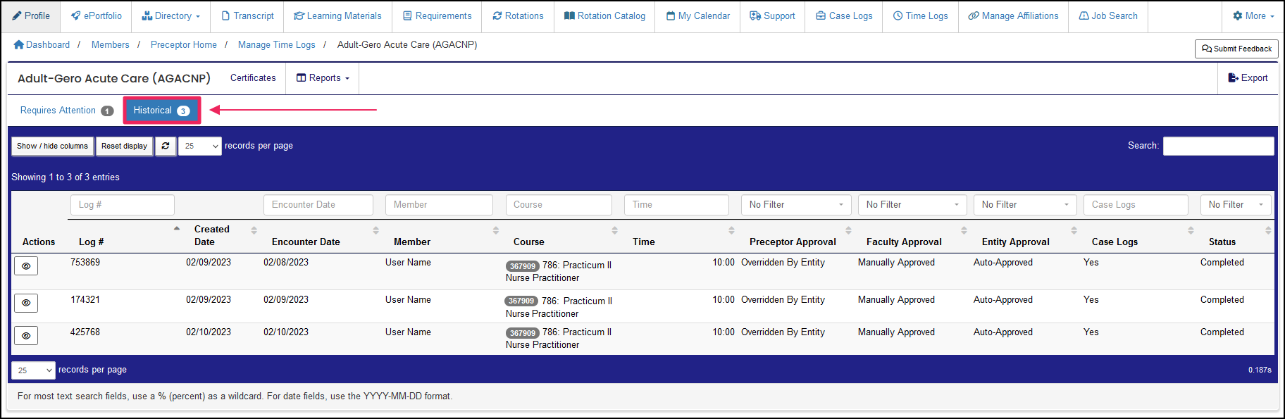 Time Log table highlighting Historical tab.