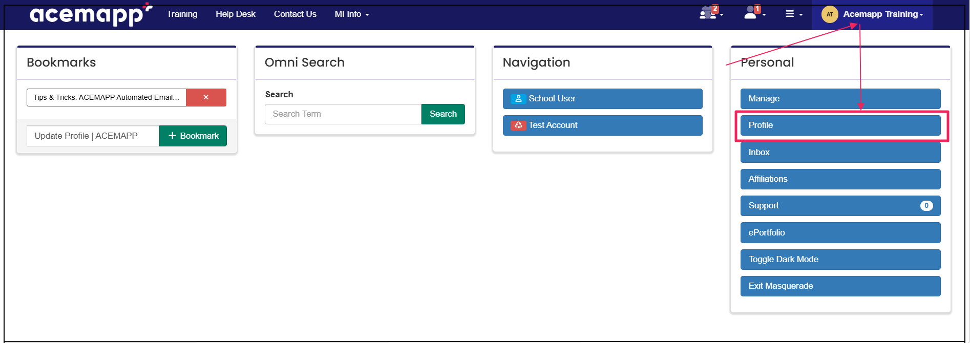 user name dropdown with arrow pointing profile tab