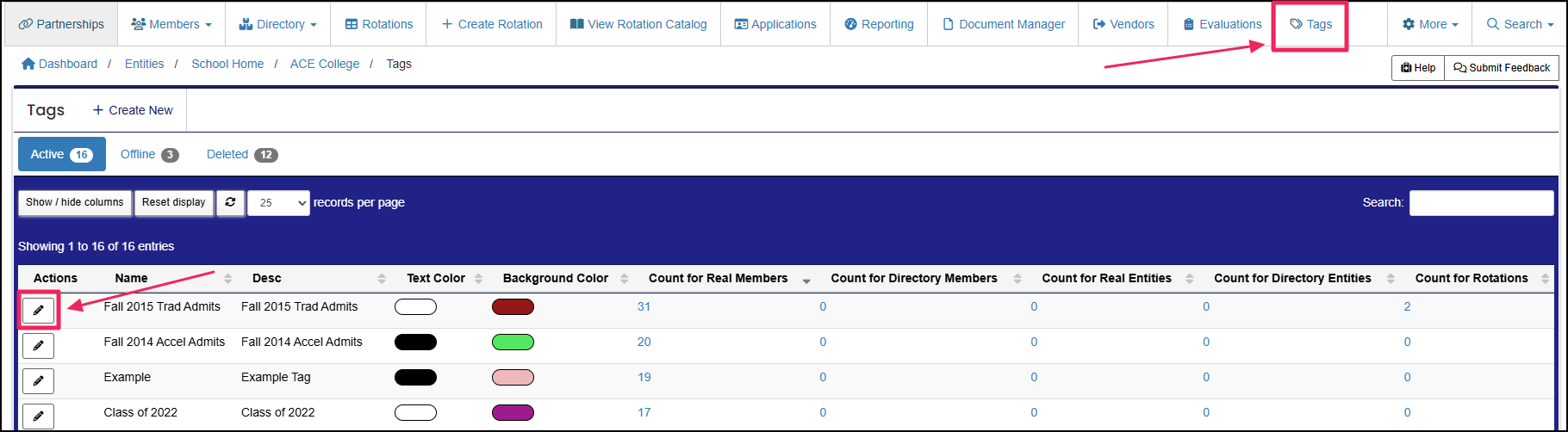 Entity tags table highlighting the tags tab in the top navigation bar and edit pencil button.