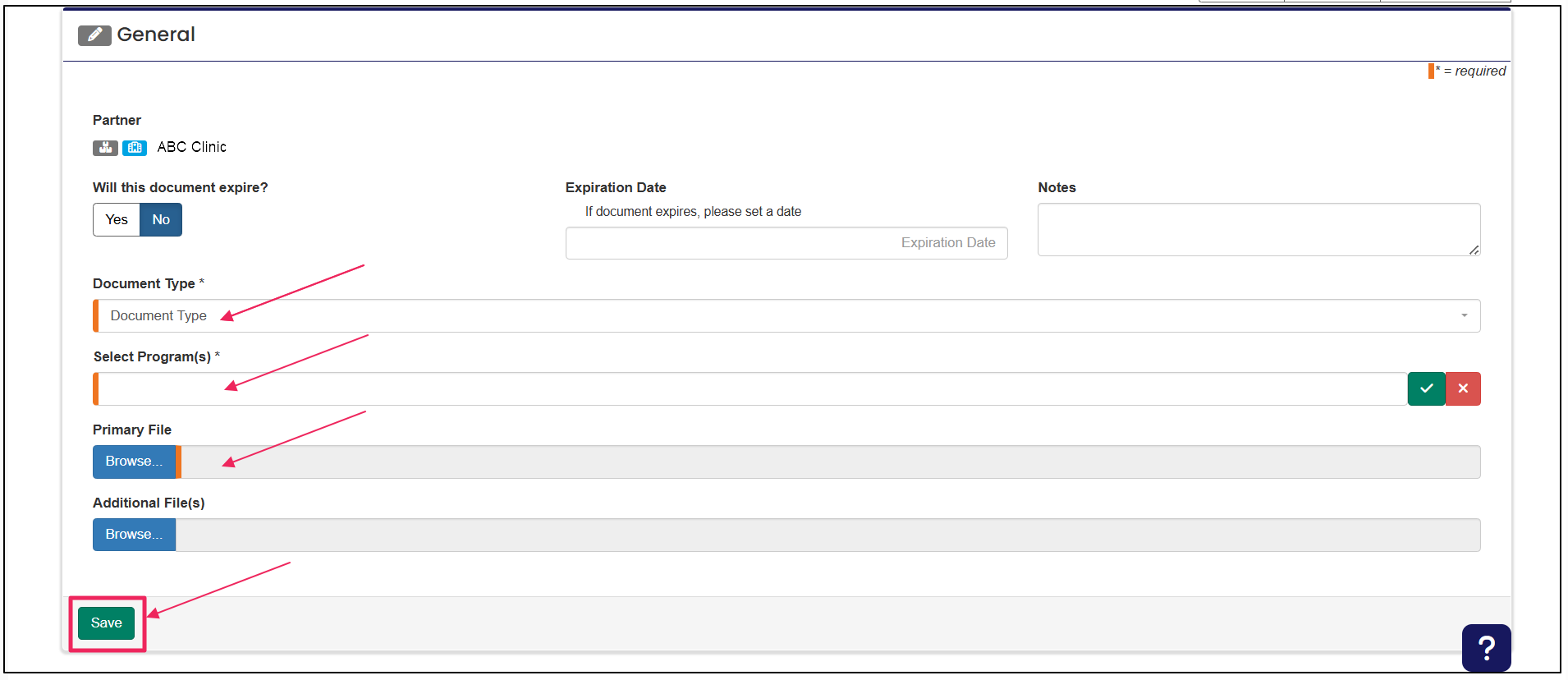 Add document form highlighting Document Type, Select Program, Browser button, and Save button.