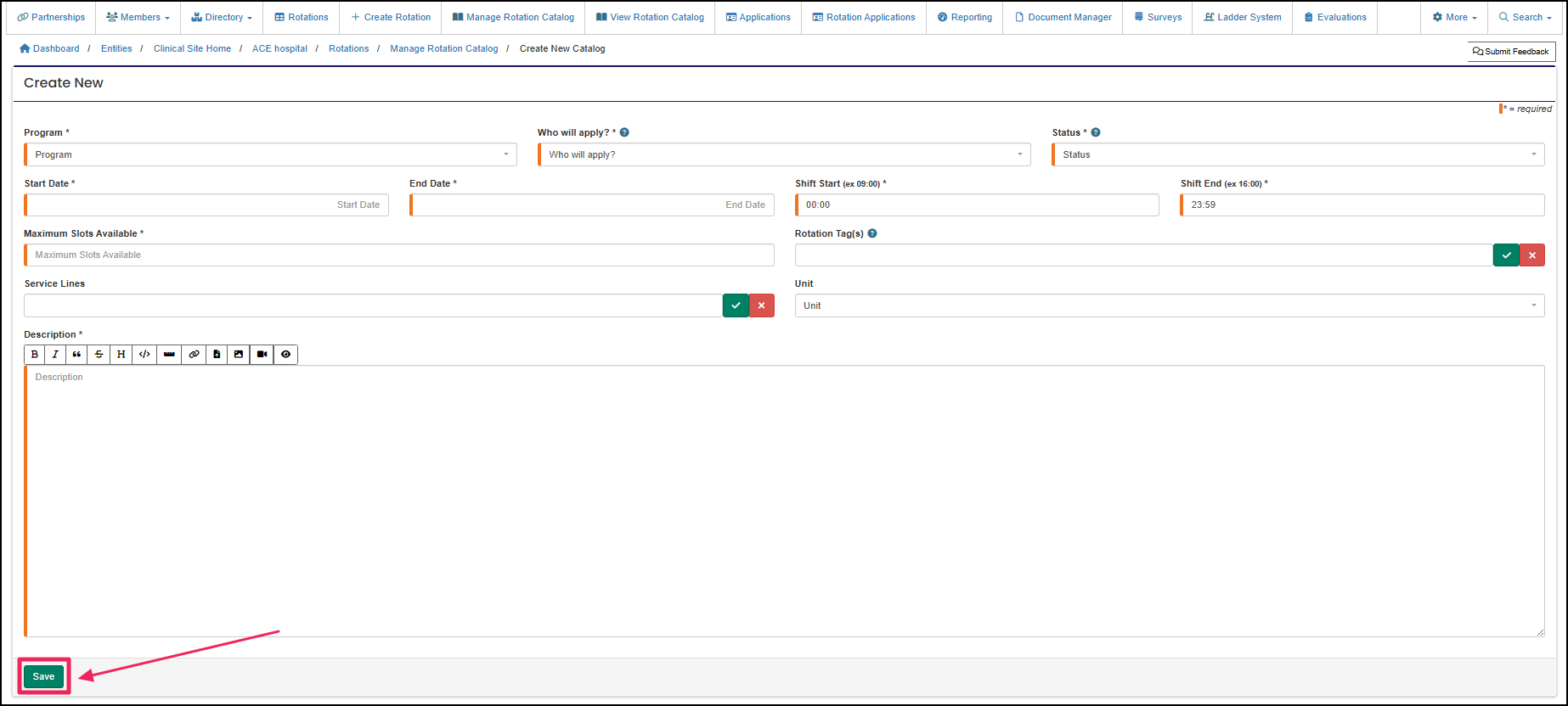 Create new rotation catalog availability page highlighting the save button.