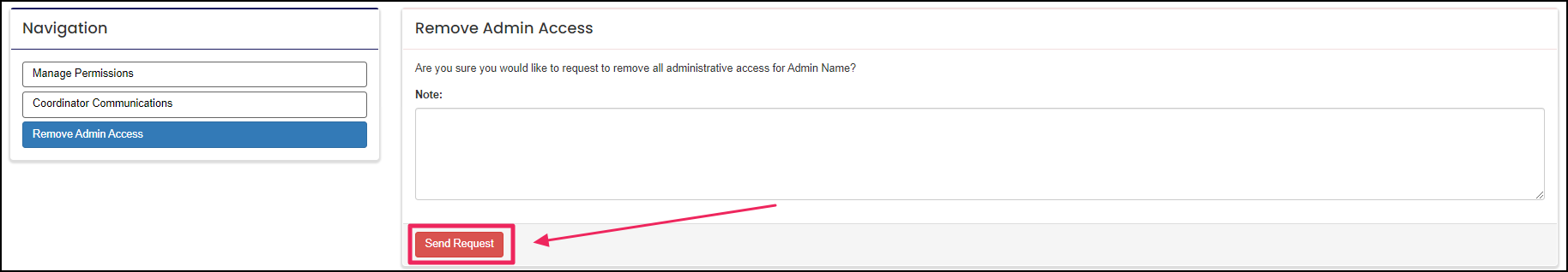 Image shows remove admin page highlighting send request button.