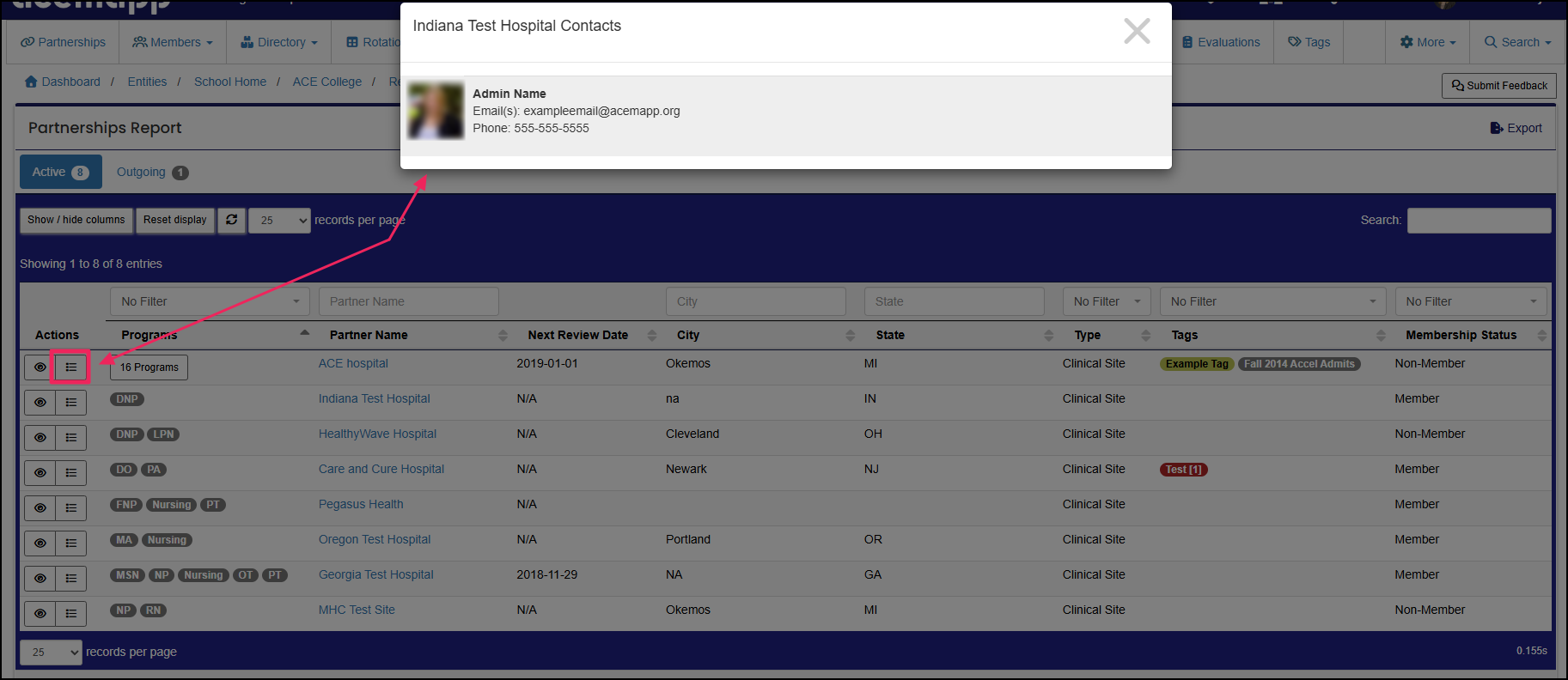 Partnerships report highlighting the contacts button and modal containing contact information.