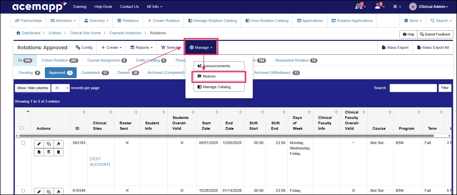 Rotation table pointing to the manage gear icon that drops down to select notices