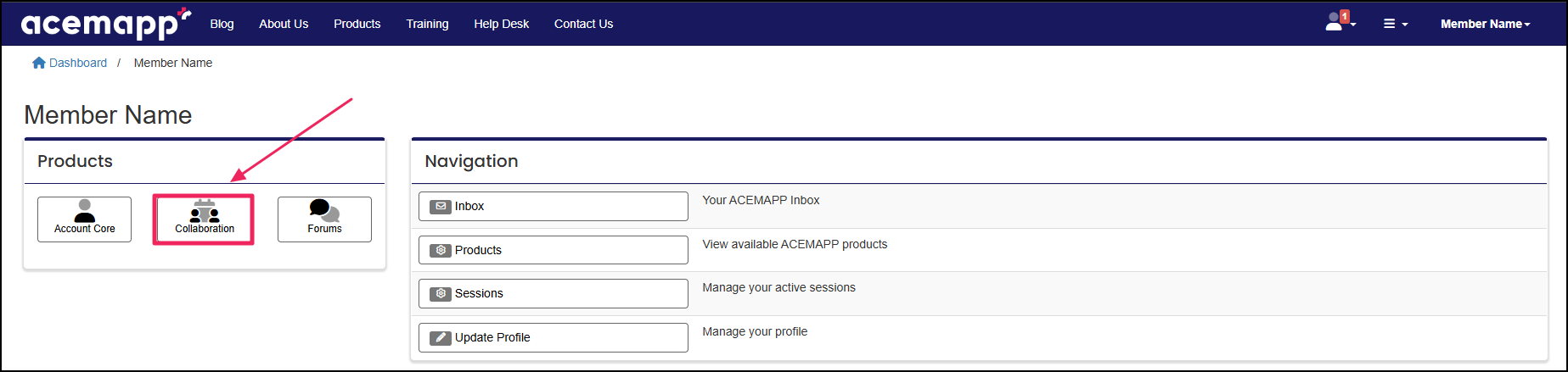 Member dashboard highlighting the Collaboration button.