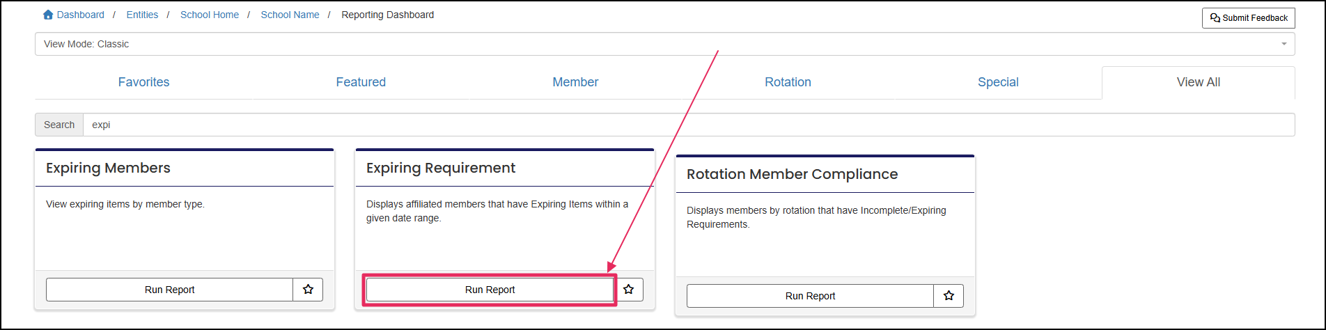 Reporting dashboard highlighting Run Report button on Expiring Requirement tile.