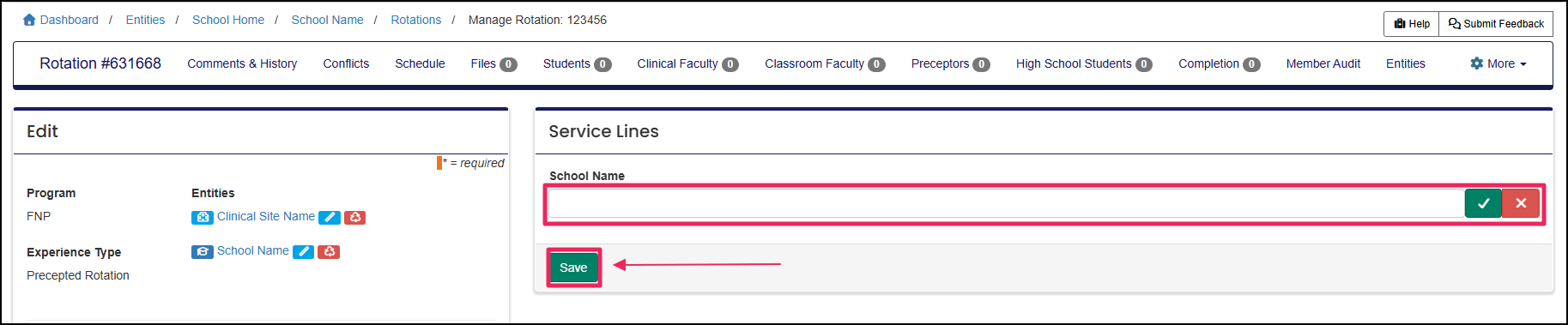 Highlighting selecting Service line and save button