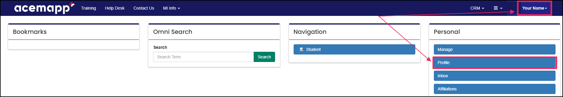 Highlighting name is the upper right corner and the profile button
