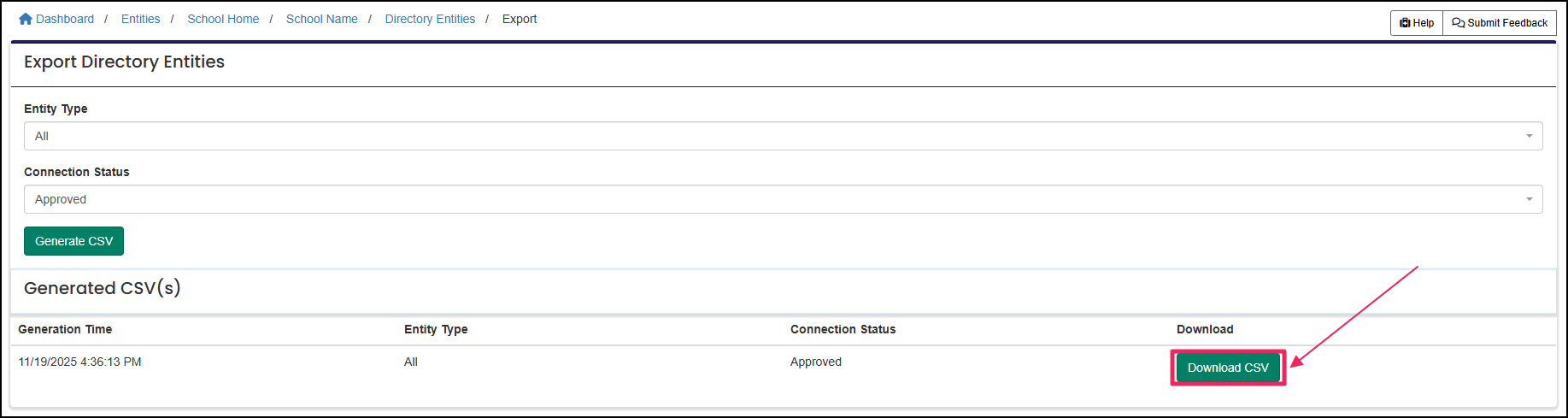 Export Directory form highlighting Download CSV button
