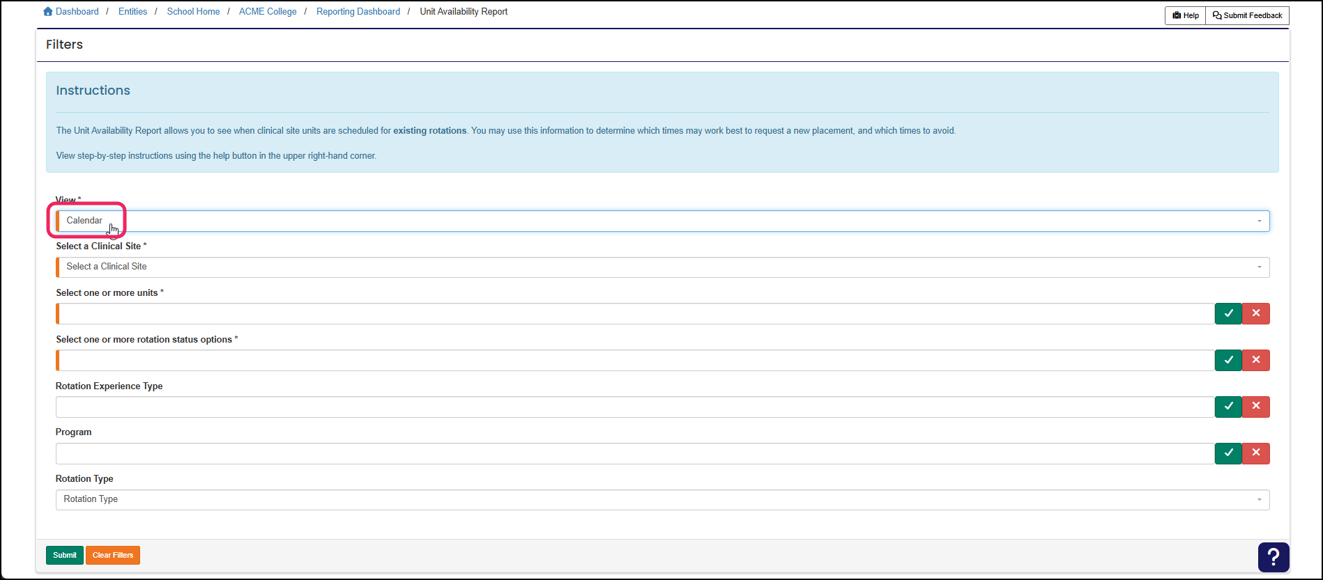 Unit Availability view options showing Calendar as selected and pointing to additional fields.