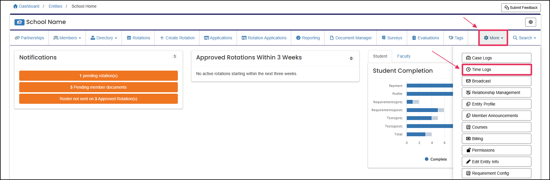 Member home page highlighting the Time Logs tab.