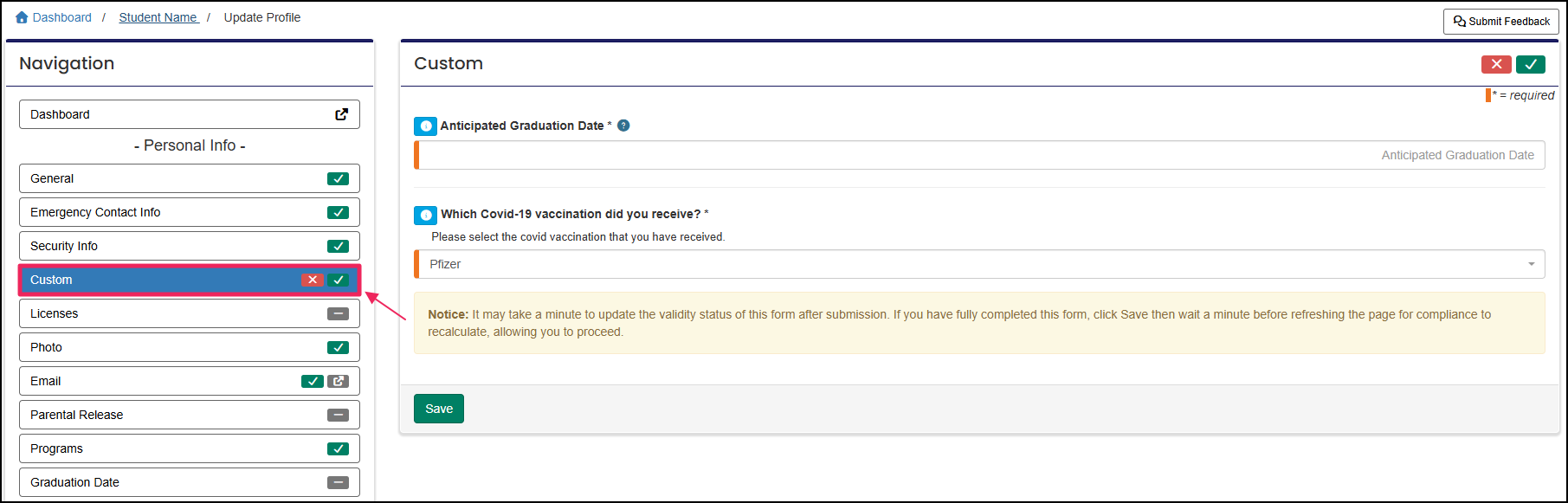 Navigation panel highlighting custom tab.